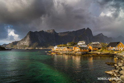 Blick auf die markanten gelben Rorbuer der Insel Sakrisøya