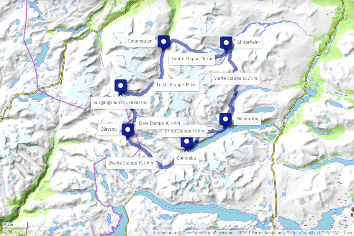Bild mit Landkarte in der die Stationen der Rundtour durchs Jotunheimen markiert sind. Leirvassbu, Olavsbu, Gjendebu, Memurubu, Glitterheim, Spiterstulen.