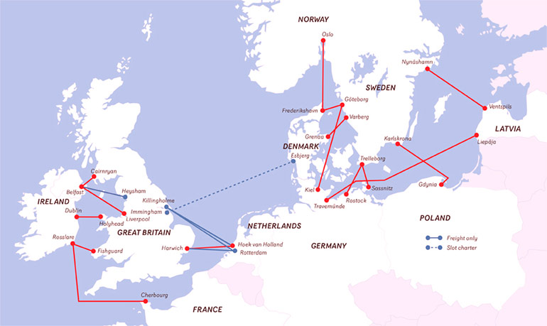 Stena-Line Übersichtskarte der Fährverbindungen.