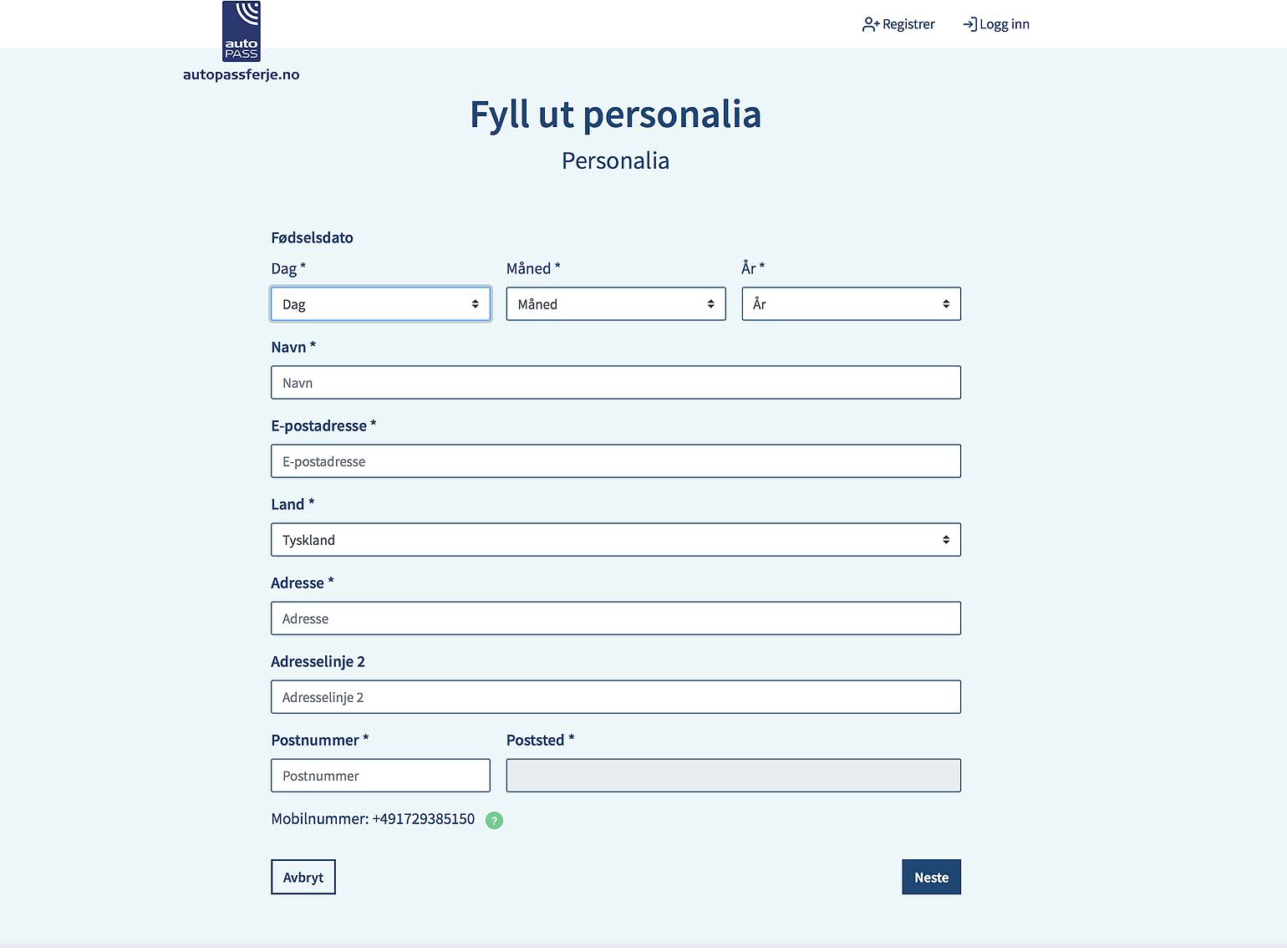Ferjekort-Bestellung Persönliche Daten