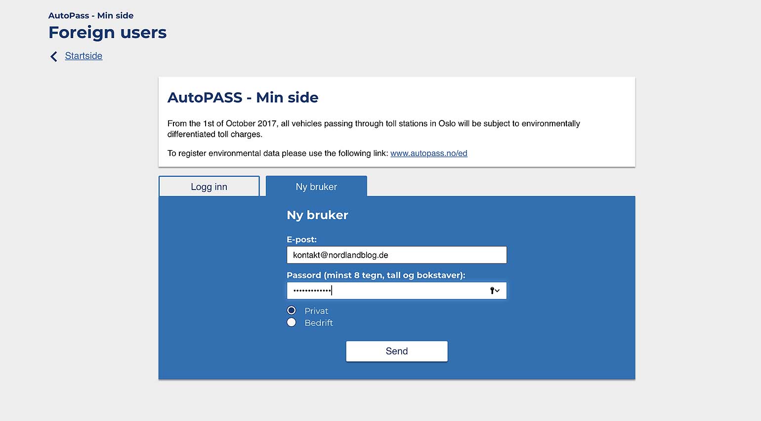 Bestellung Brikke / Chip von AutoPass Norwegen