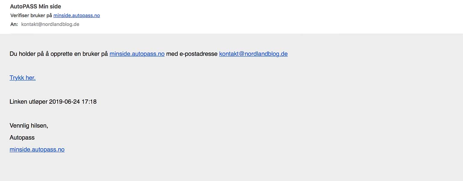 Bild der E-Mail von AutoPass Norwegen