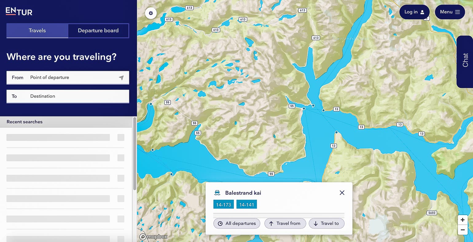 Norwegische Webseite Entur für die Planung deiner Reise mit Bus, Schiff und Bahn durch Norwegen