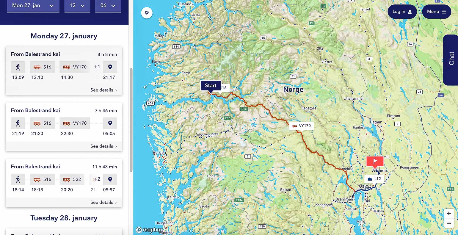 Screenshot vom Tool für die Planung deiner Reise ohne Auto, aber mit Bus, Bahn oder Schiff durch Norwegen