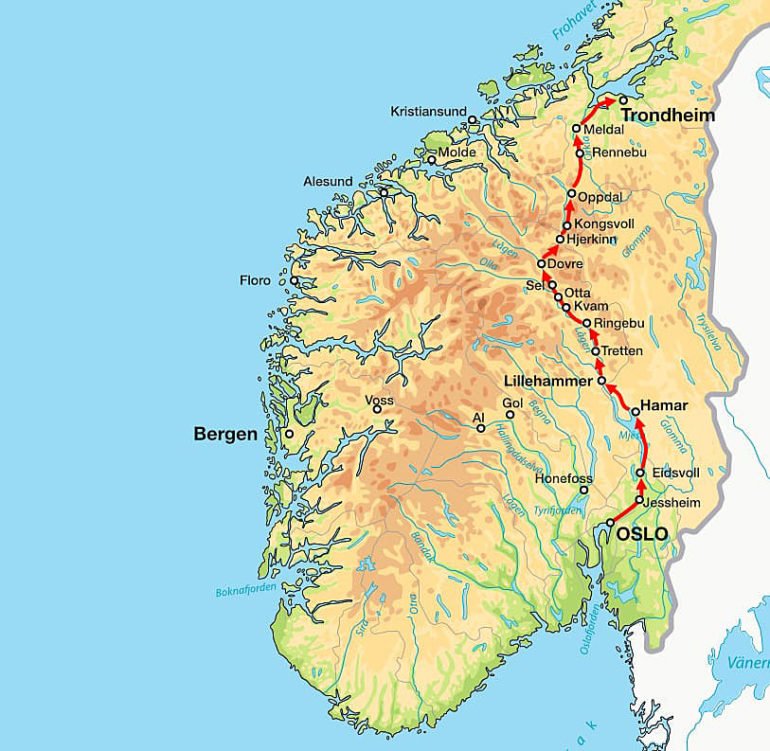 Landkarte vom Olavsweg in Norwegen
