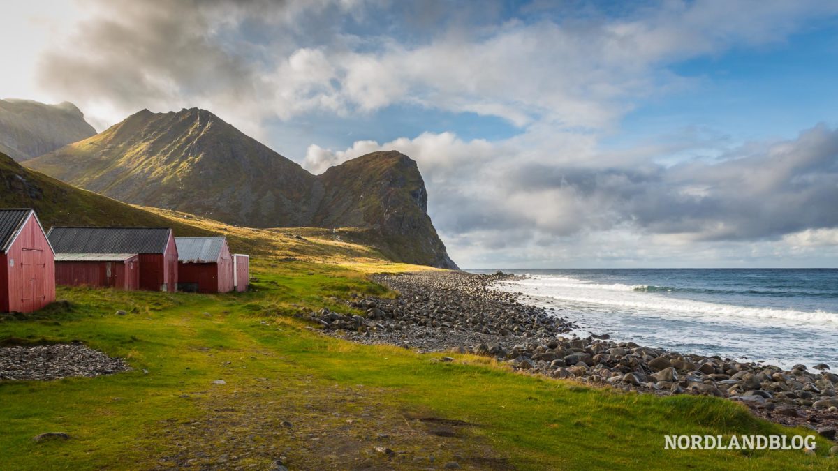 Unstad Beach mit Bootshäusern Traumstrände auf den Lofoten (Norwegen)