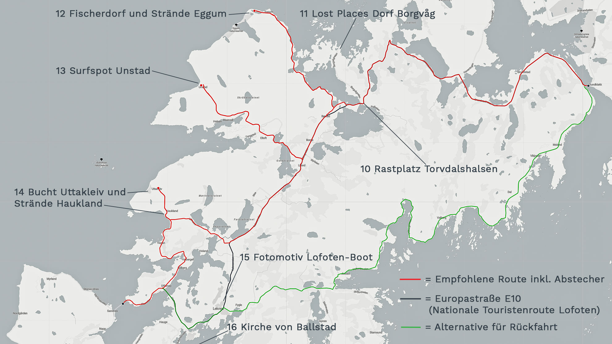 Landkarte und Übersicht mit den Highlights und Sehenswürdigkeiten auf der Lofoten Insel Vestvagoy