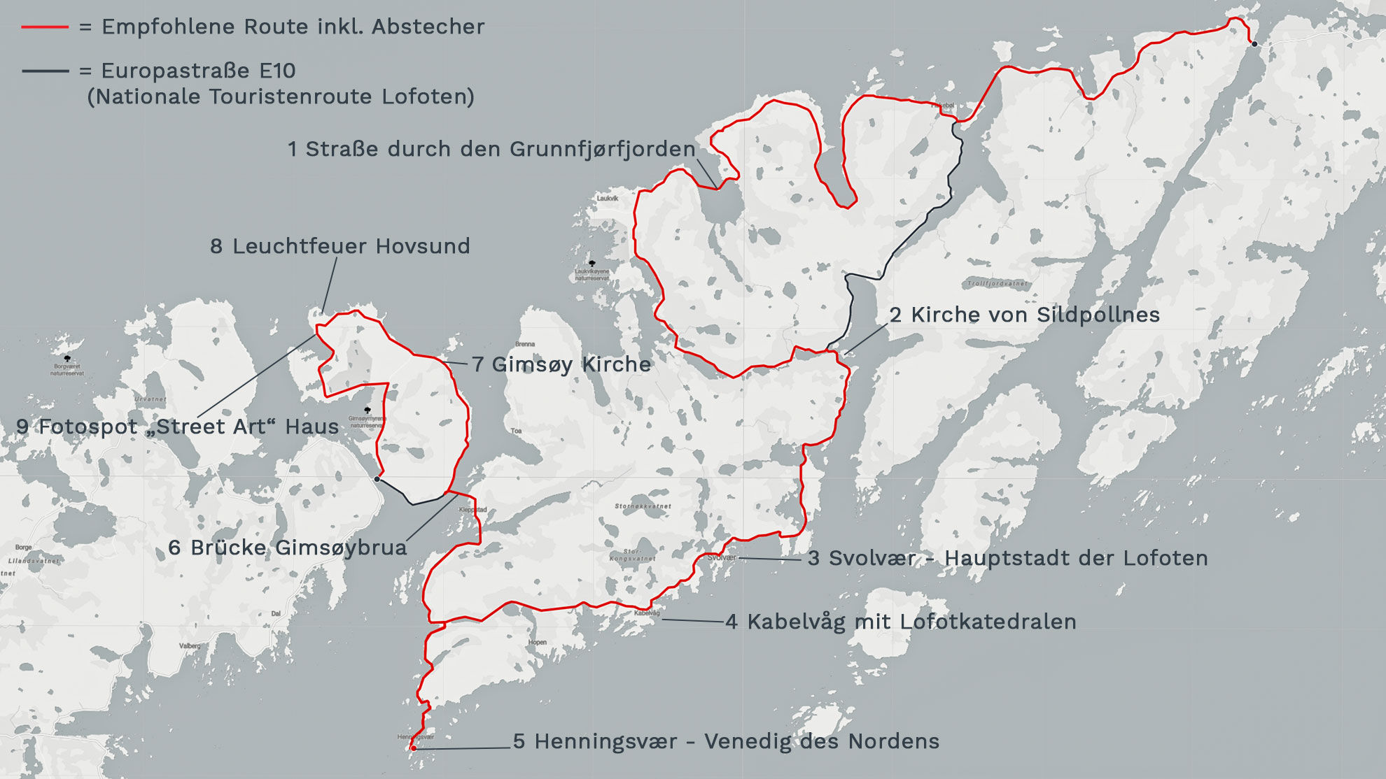 Landkarte und Übersicht Sehenswürdigkeiten Fotomotive Lofoten Austvagoy