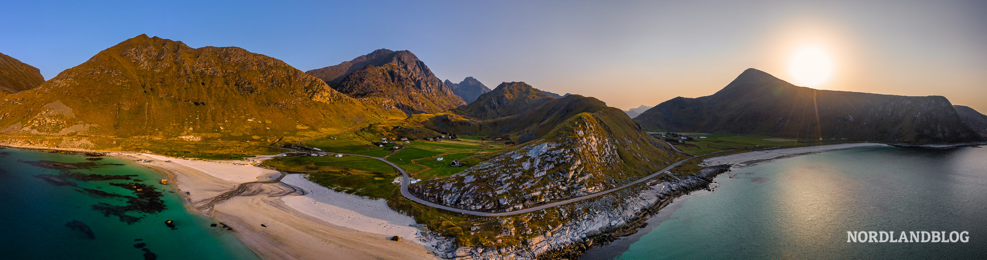 Panorama Drohne Haukland Beach Strand Leknes Lofoten Sehenswürdigkeiten und Highlights (Norwegen)