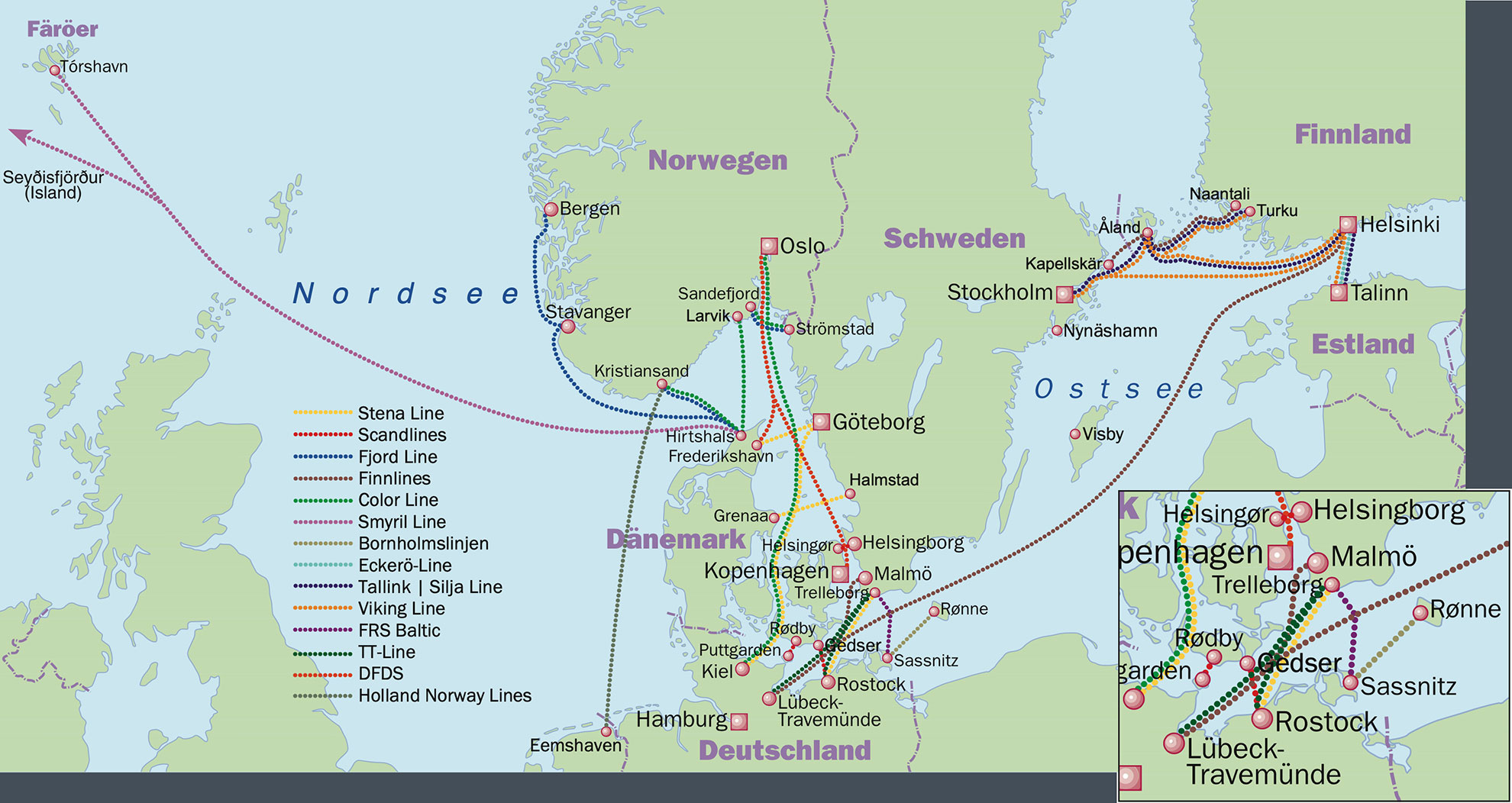 Landkarte Übersicht Fährverbindungen Anreise nach Norwegen