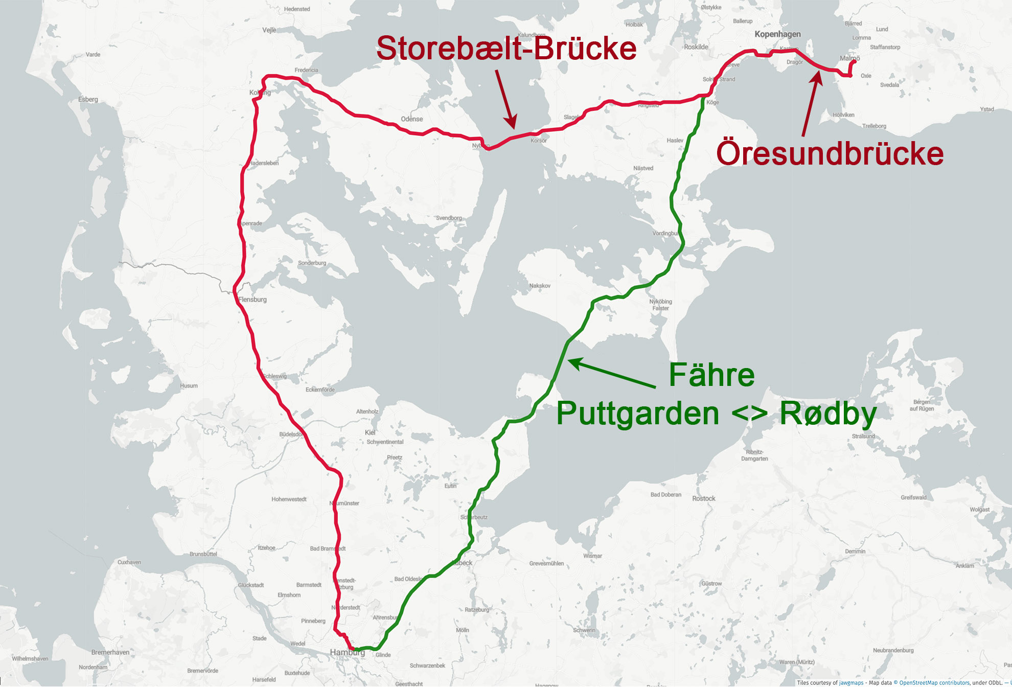 Vogelfluglinie-Deutschland-Dænemark-Schweden-Landkarte