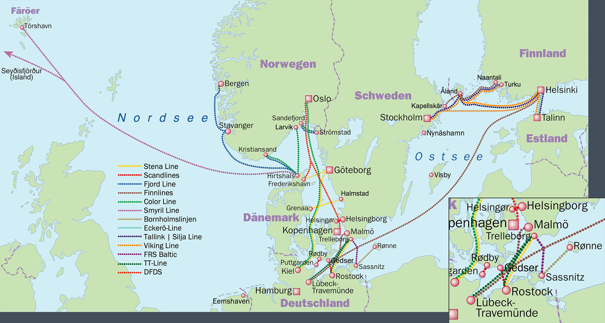 Anreise nach Norwegen Landkarte mit Übersicht über alle Fährverbindungen 2024