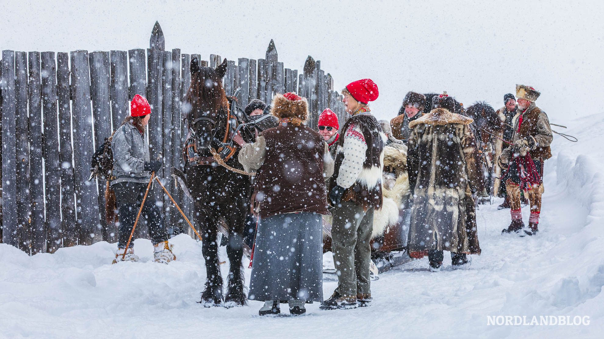 Sammeln der Pferdeschlitten zum Einlauf, Wintermarkt in Roros
