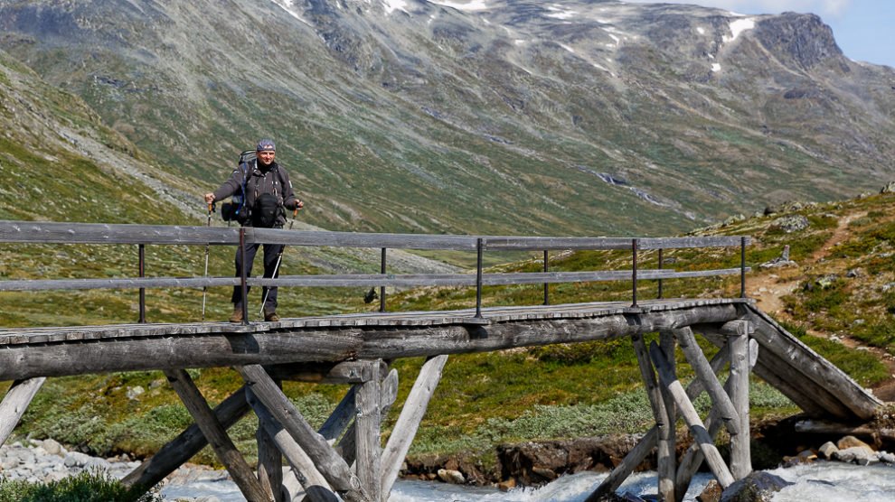 Bild mit Sirko auf einer Brücke im Jotunheimen . Der Weg führt zur Leirvassbu durch das Jotunheimen in Norwegen